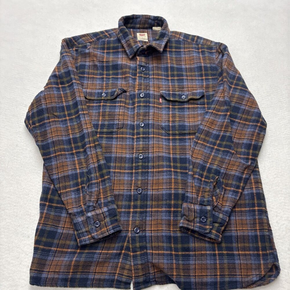 Levis Relaxed Mens Large Brown Multi Color Plaid Flannel Button Up Shirt